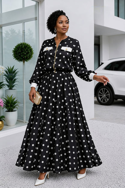 Robe mi-longue floral roses grises champagne col montant manches bouffantes - vue face