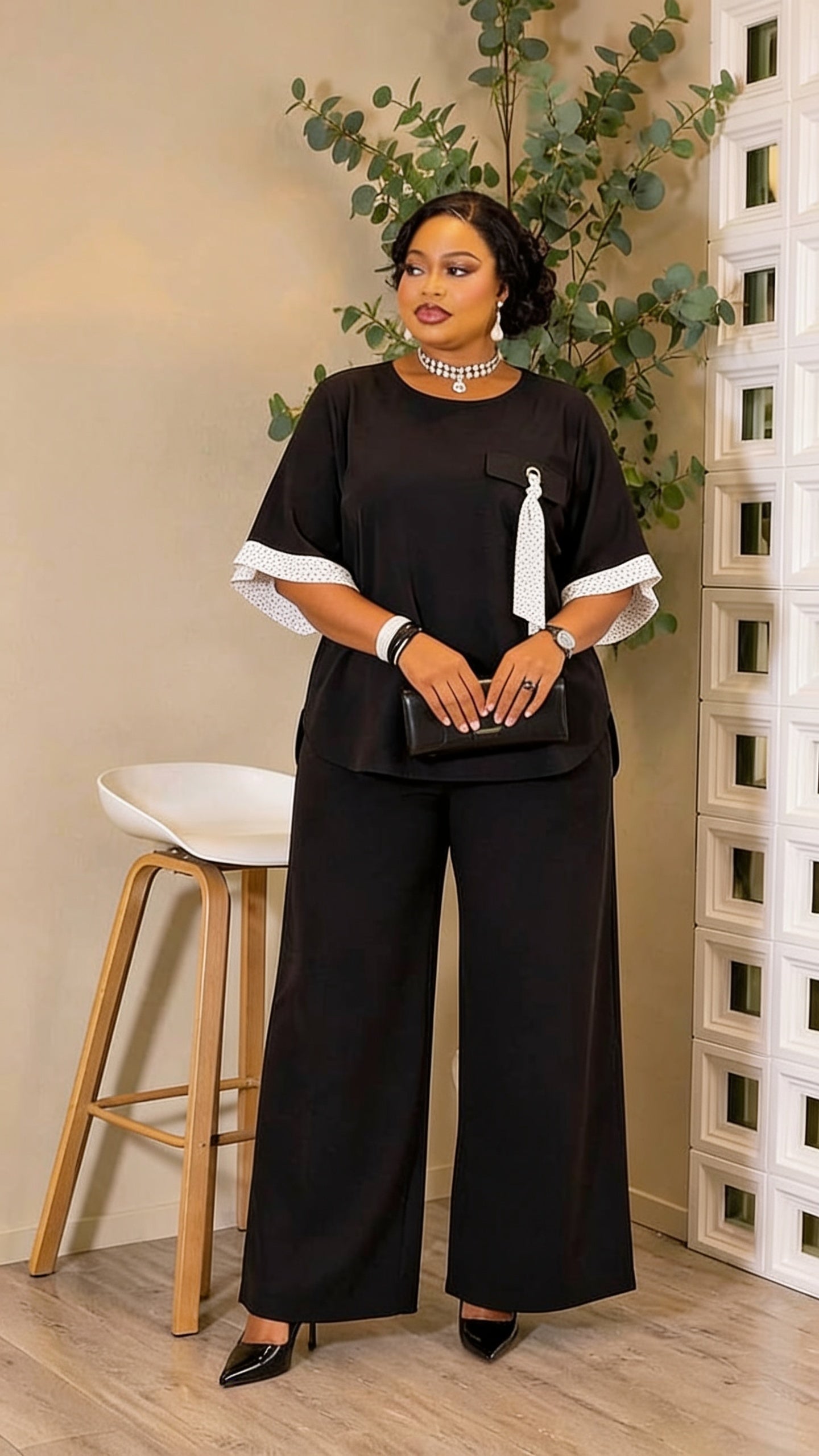 Ensemble 2 Pièces Top Col Rond Poignet Contrasté Foulard Pantalon Large - Noir/Blanc