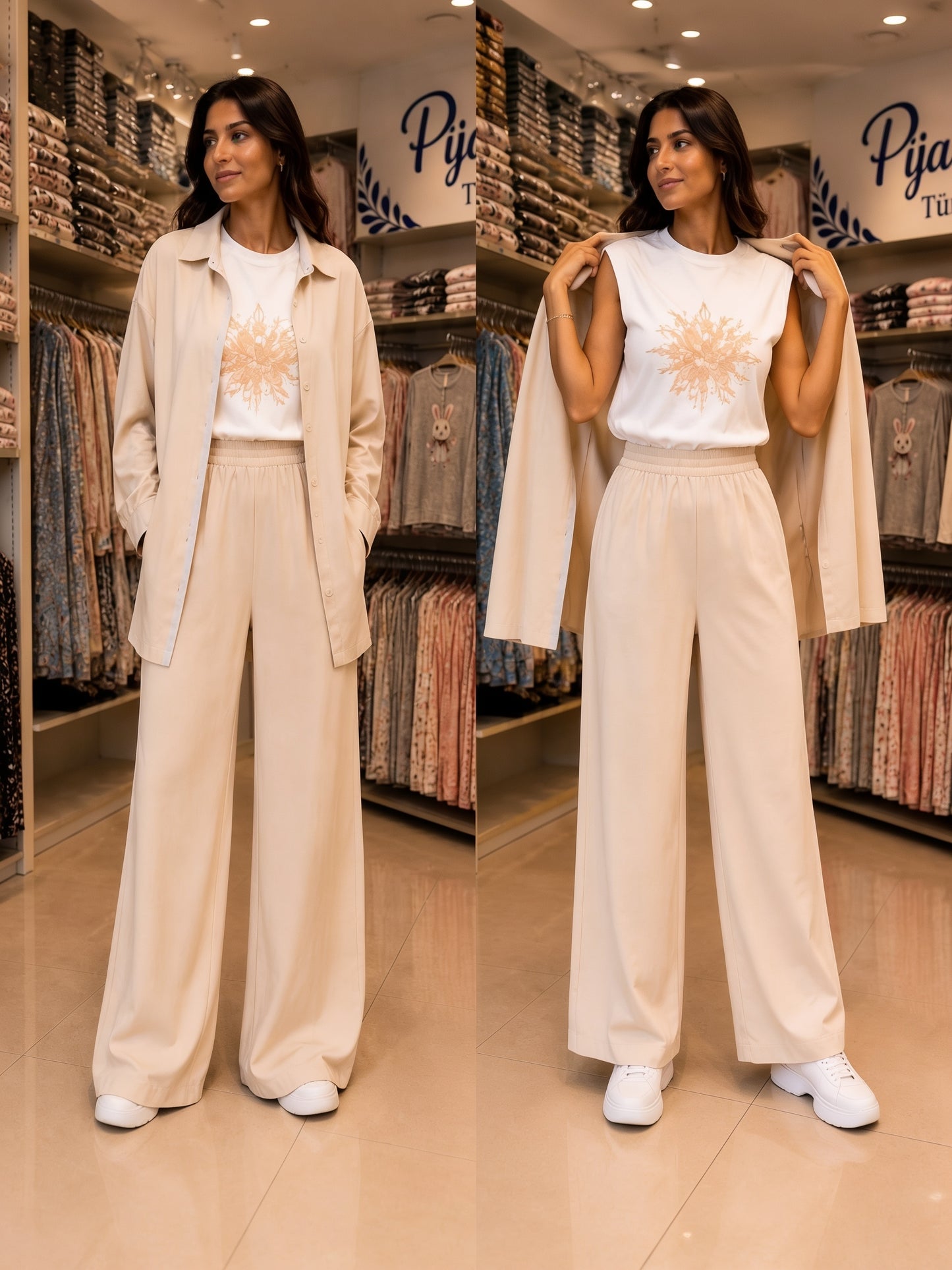 Ensemble 3 Pièces Chemise Longue Boutonnée T-Shirt Brodé et Pantalon Large