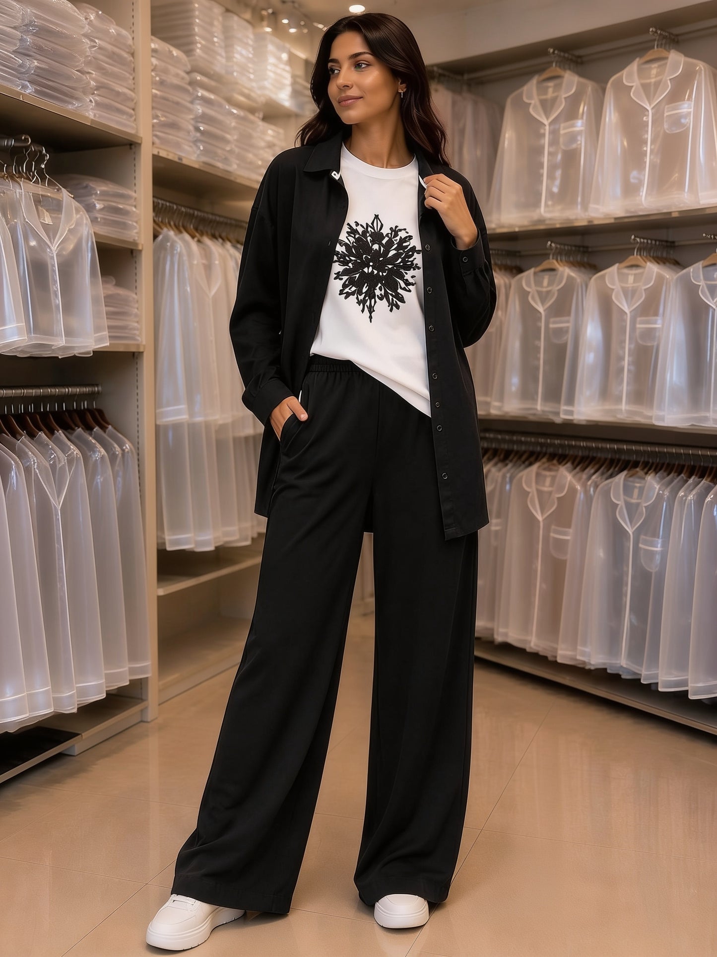 Ensemble 3 pièces chemise longue t-shirt brodé pantalon large - Noir