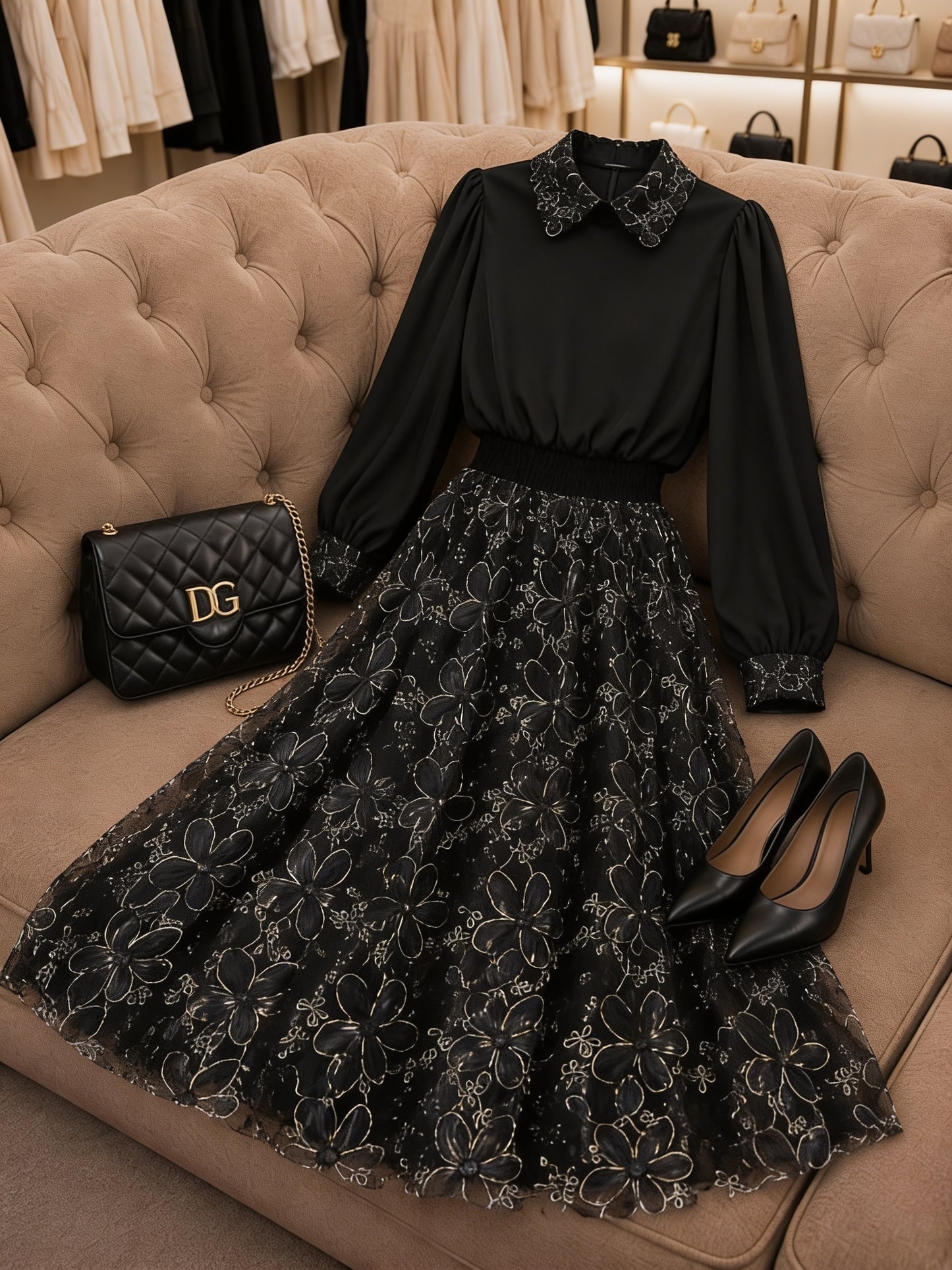 Ensemble chemisier col claudine brodé manches bouffantes jupe dentelle florale - Noir