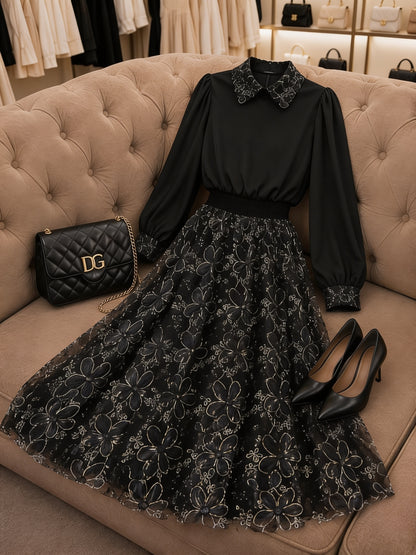 Ensemble chemisier col claudine brodé manches bouffantes jupe dentelle florale - Noir