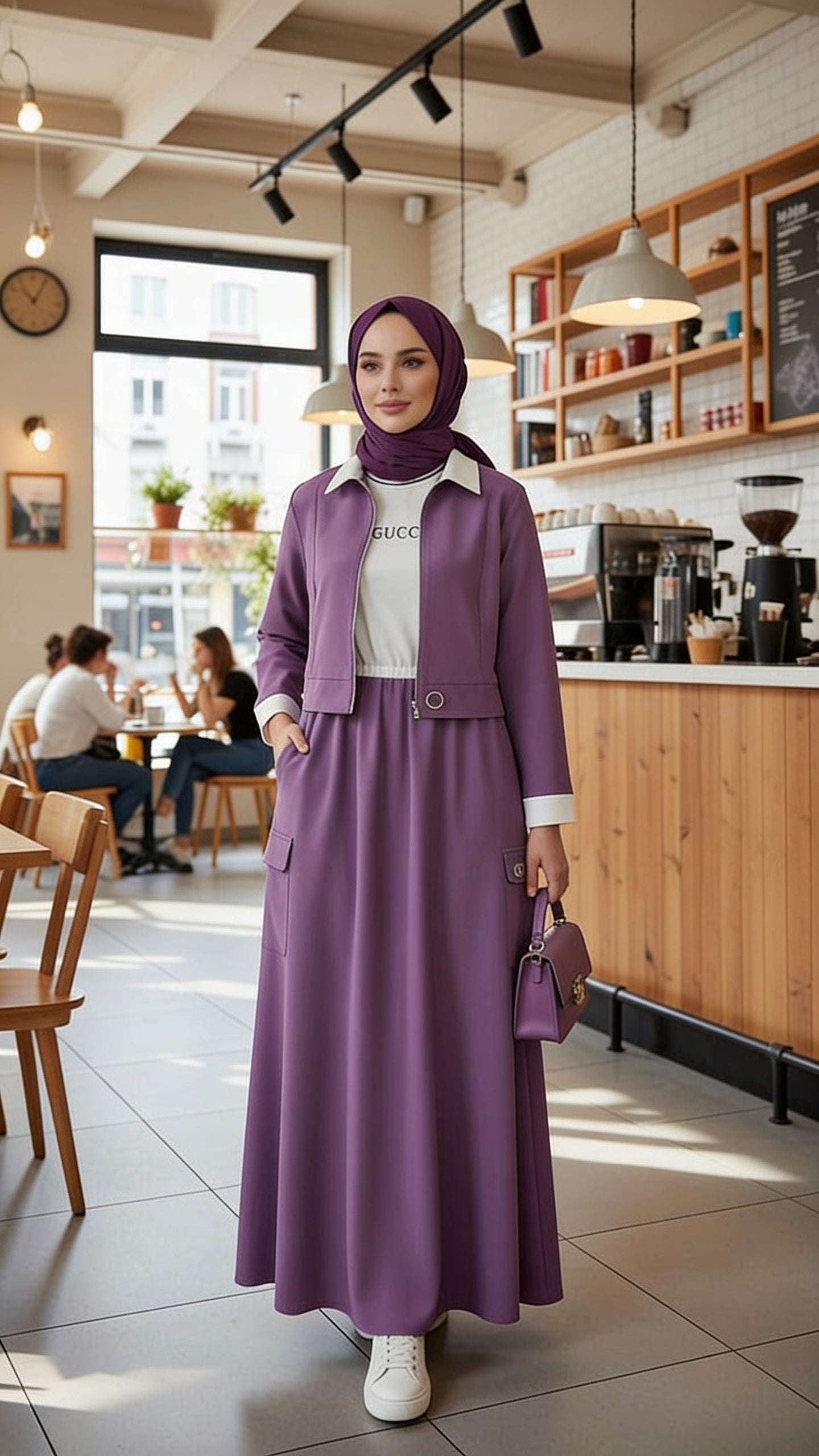 Ensemble veste zippée col polo jupe longue évasée poches cargo - Mauve Violet