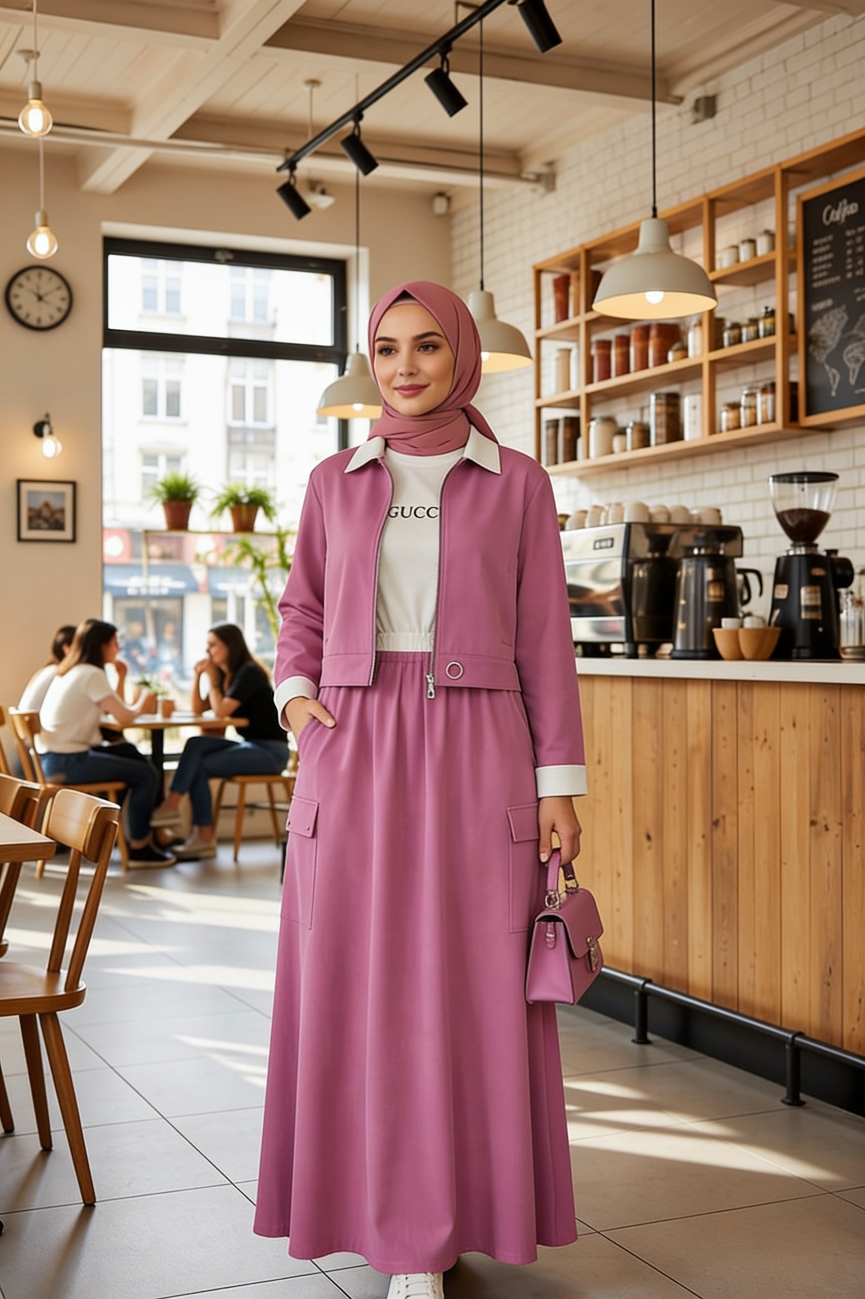 Ensemble veste zippée col polo jupe longue évasée poches cargo - Rose Poudré