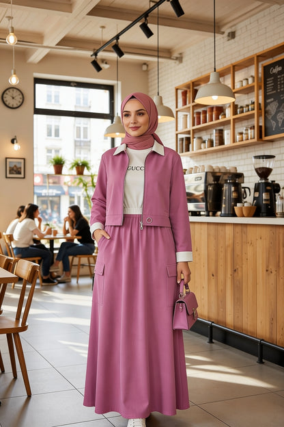 Ensemble veste zippée col polo jupe longue évasée poches cargo - Rose Poudré