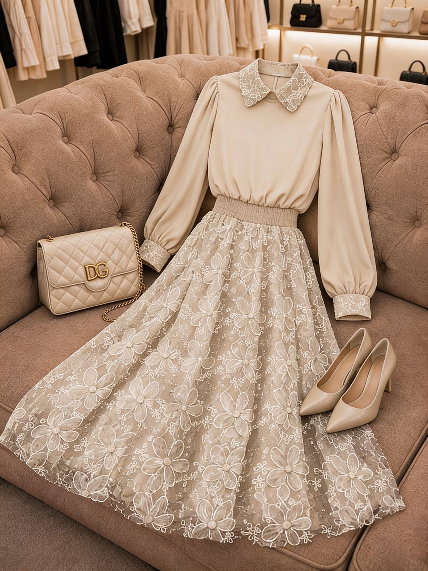 Ensemble chemisier col claudine brodé manches bouffantes jupe dentelle florale - Beige Crème
