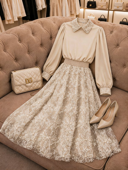 Ensemble chemisier col claudine brodé manches bouffantes jupe dentelle florale - Beige Crème