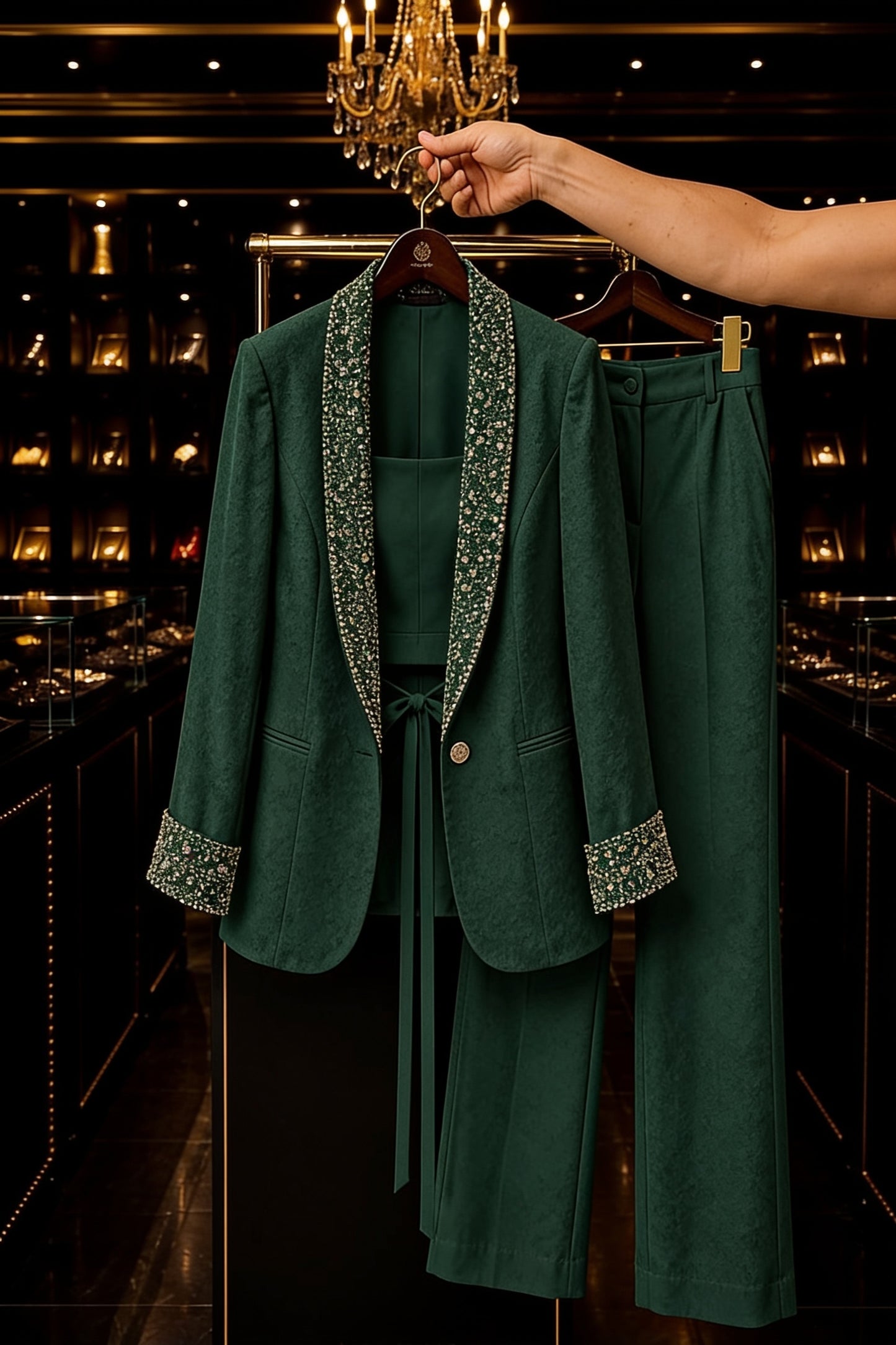 Tailleur 3 Pièces Blazer Col Châle Brodé Cristaux Top Bustier et Pantalon Large