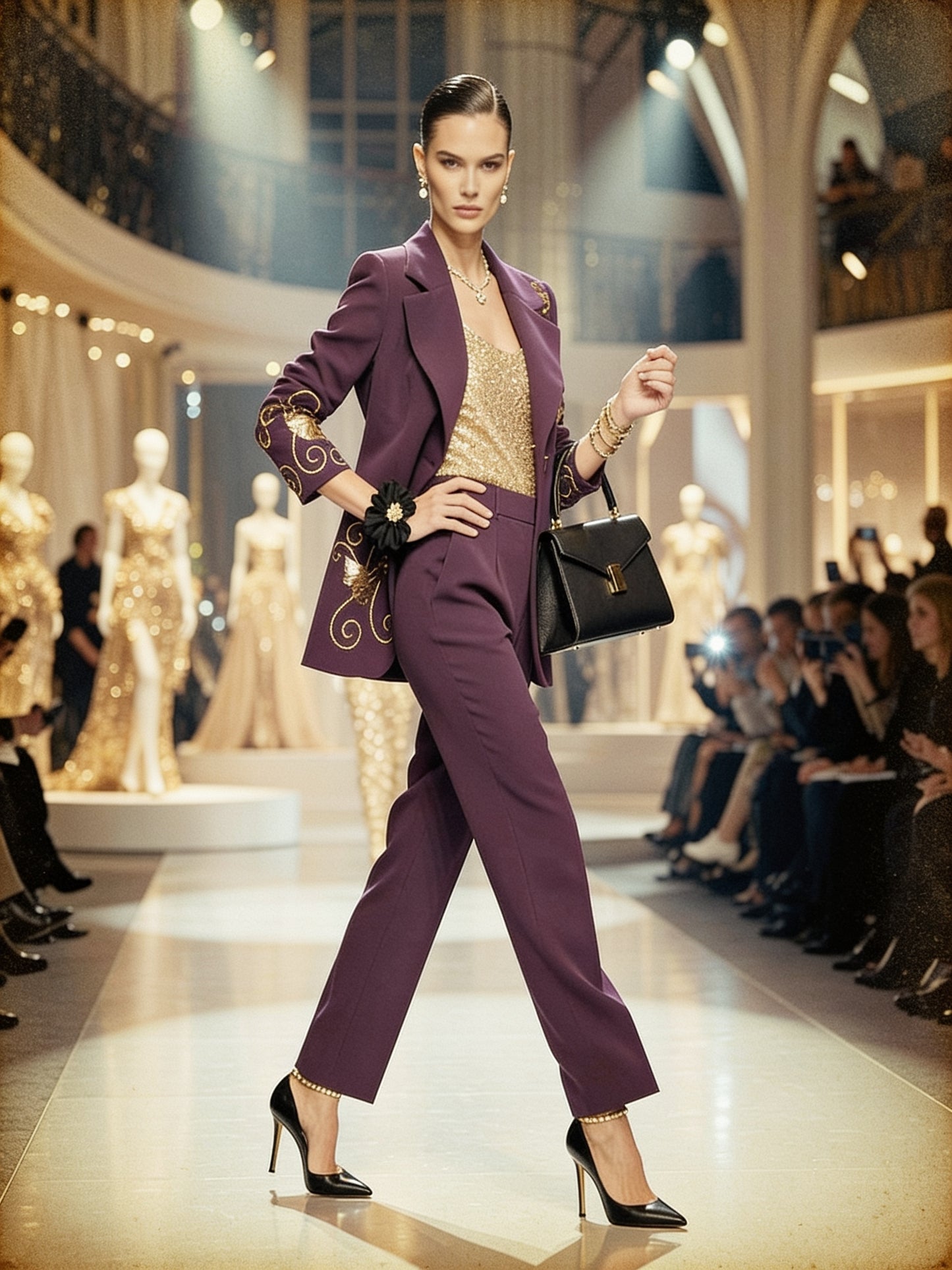 Tailleur 2 pièces blazer brodé arabesques dorées pantalon droit - Prune