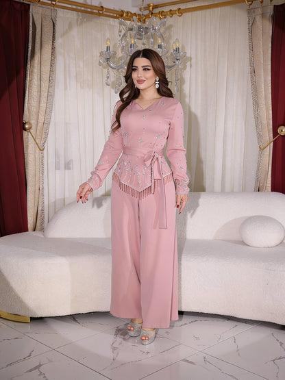 Ensemble 2 Pièces Top Peplum Col V Brodé Étoiles Perles Franges Dorées et Pantalon Large