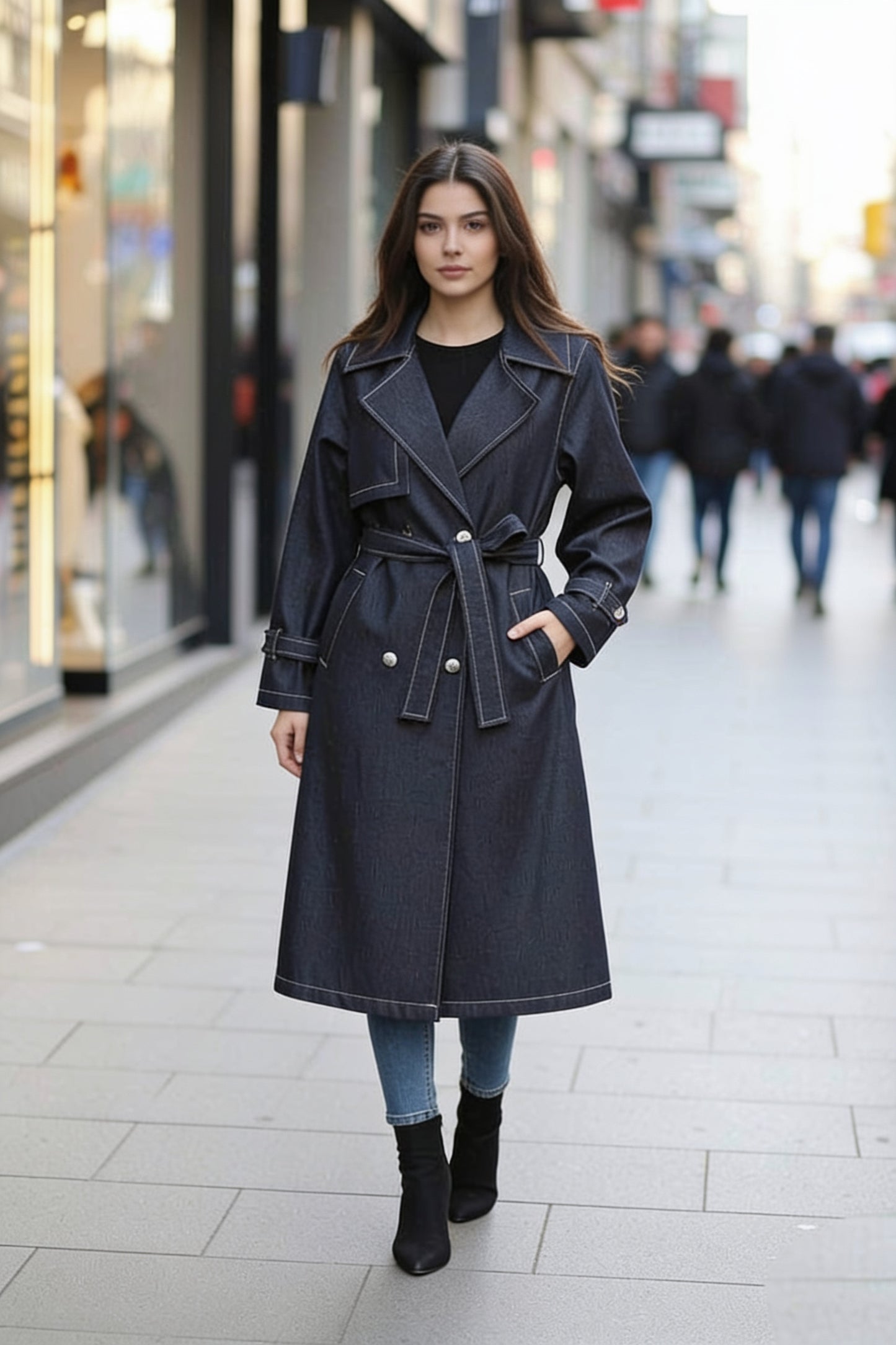 Trench-Coat Long En Denim Bleu Marine Coutures Contrastantes