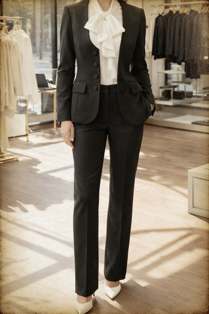 Tailleur 2 pièces blazer ajusté col sans revers boutons noirs pantalon slim - vue 1