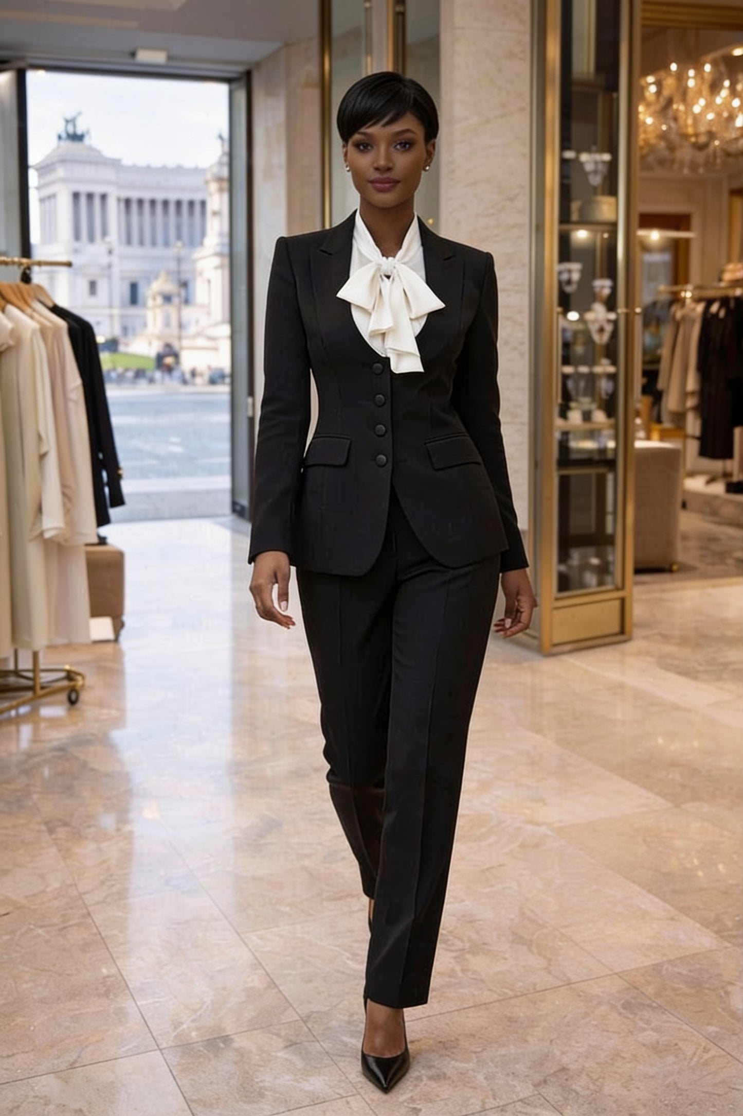 Tailleur 2 pièces blazer ajusté col sans revers boutons noirs pantalon slim - vue 2