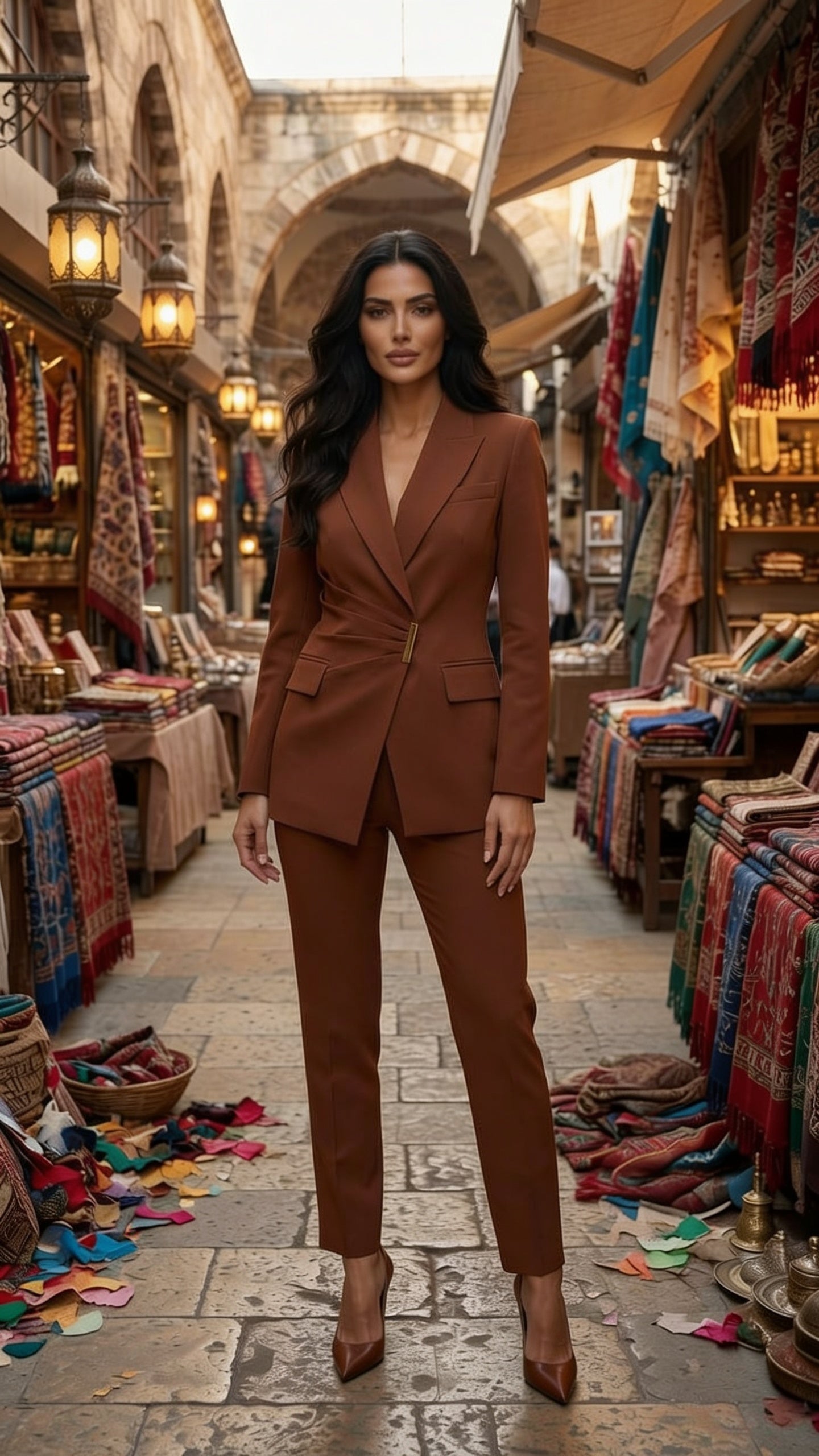 Tailleur 2 pièces blazer croisé col V ceinture dorée pantalon slim - Terracotta uni