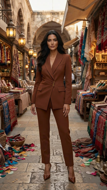 Tailleur 2 pièces blazer croisé col V ceinture dorée pantalon slim - Terracotta uni