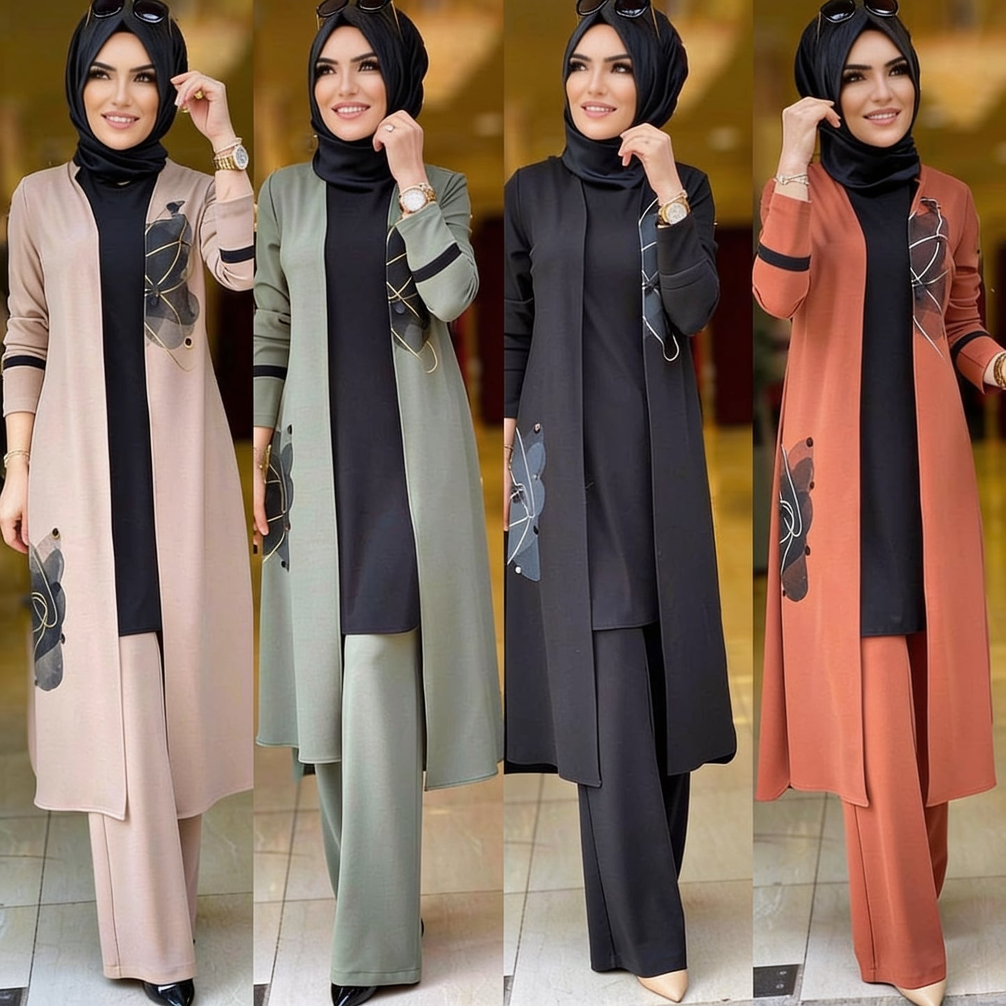 Ensemble 3 pièces cardigan long appliqés floraux 3D top noir pantalon - Beige Crème