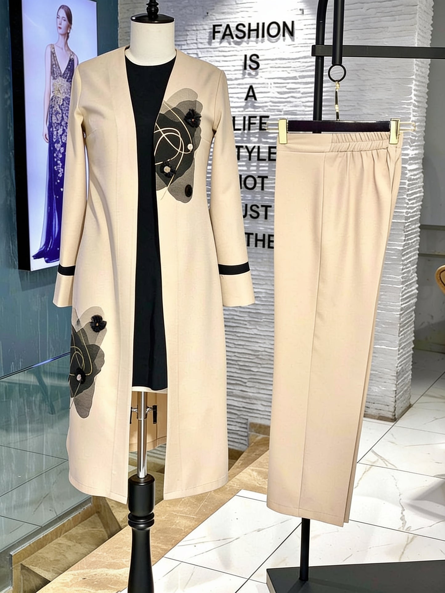 Ensemble 3 pièces cardigan long appliqés floraux 3D top noir pantalon - Vert Kaki