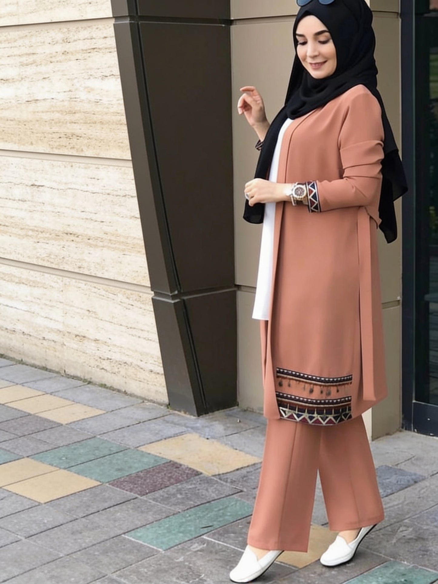 Ensemble 3 pièces kimono long broderie géométrique top blanc pantalon large - Rose Poudré vue 2