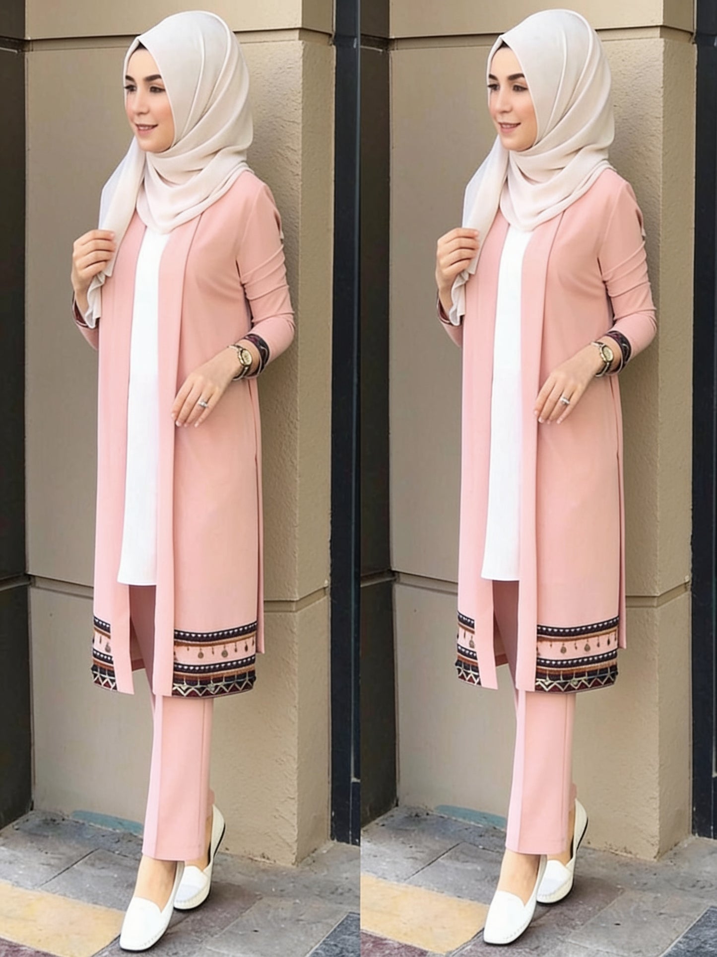 Ensemble 3 pièces kimono long broderie géométrique top blanc pantalon large - Rose Poudré vue 3