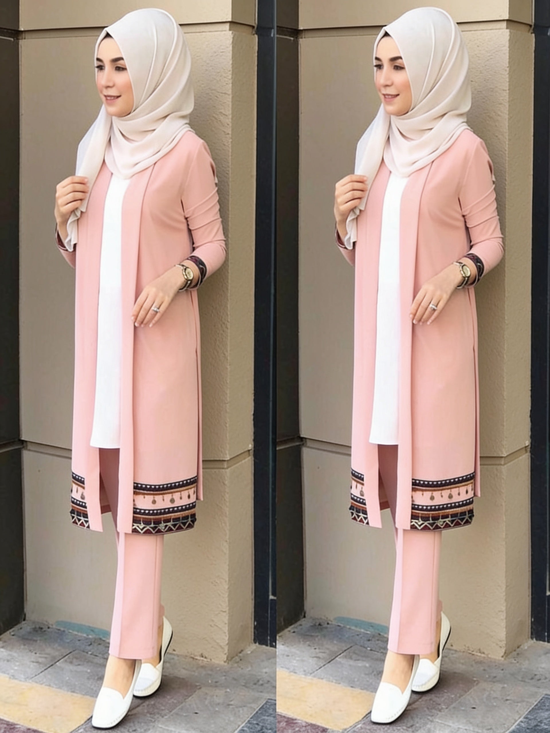 Ensemble 3 pièces kimono long broderie géométrique top blanc pantalon large - Rose Poudré vue 3