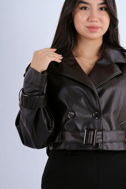 Veste Courte Cuir Synthétique Double Boutonnage Col Revers Ceinture