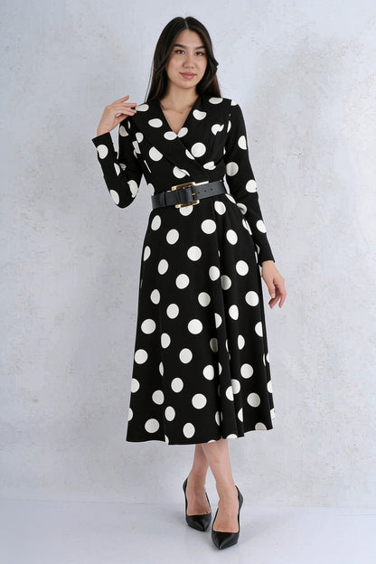 Robe Midi Col V Croisé Manches Longues À Grands Pois Ceinturée
