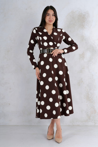 Robe Midi Col V Croisé Manches Longues À Grands Pois Ceinturée