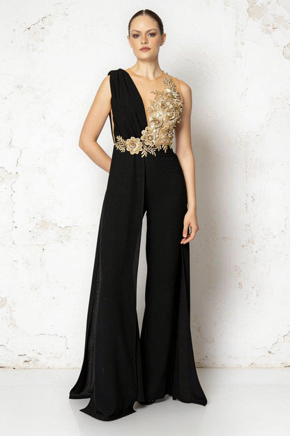 Combinaison pantalon large une épaule bustier brodé fleurs dorées 3D - vue 5