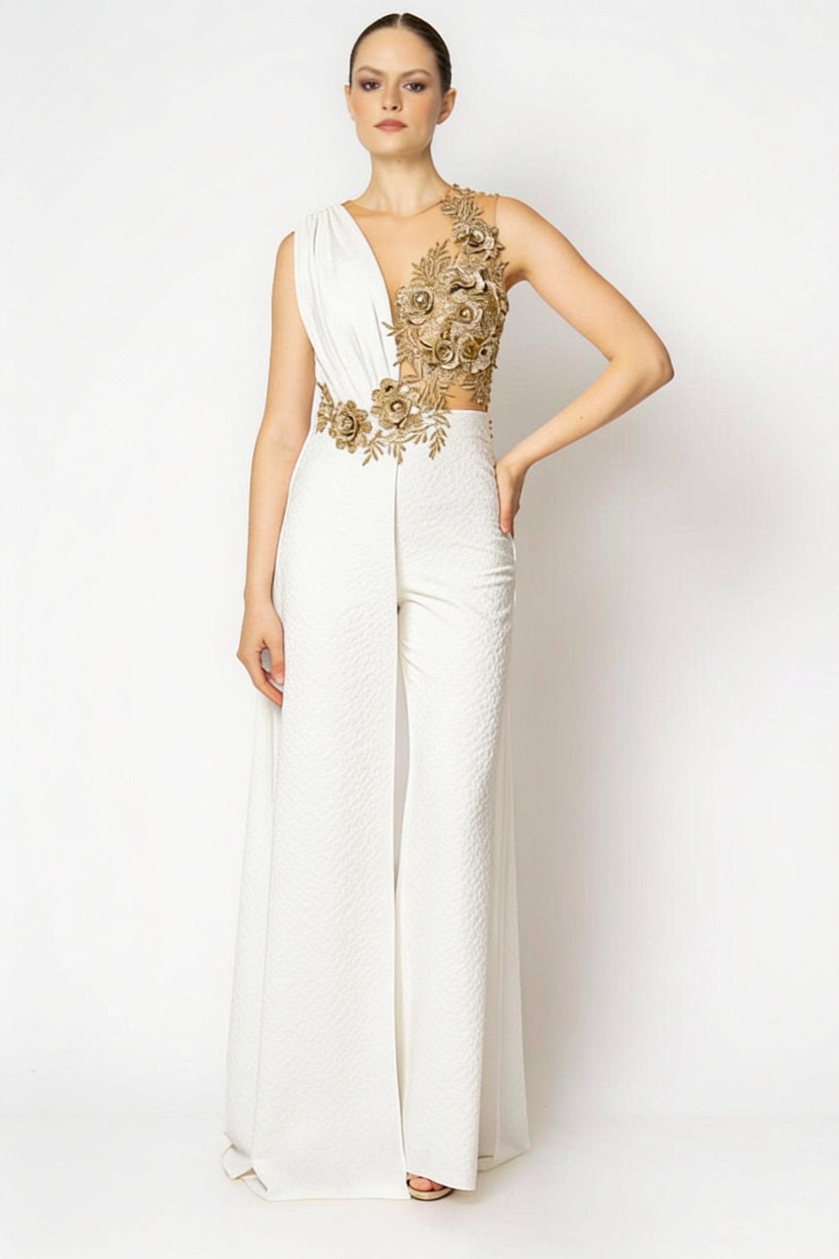 Combinaison pantalon large une épaule bustier brodé fleurs dorées 3D - vue 6