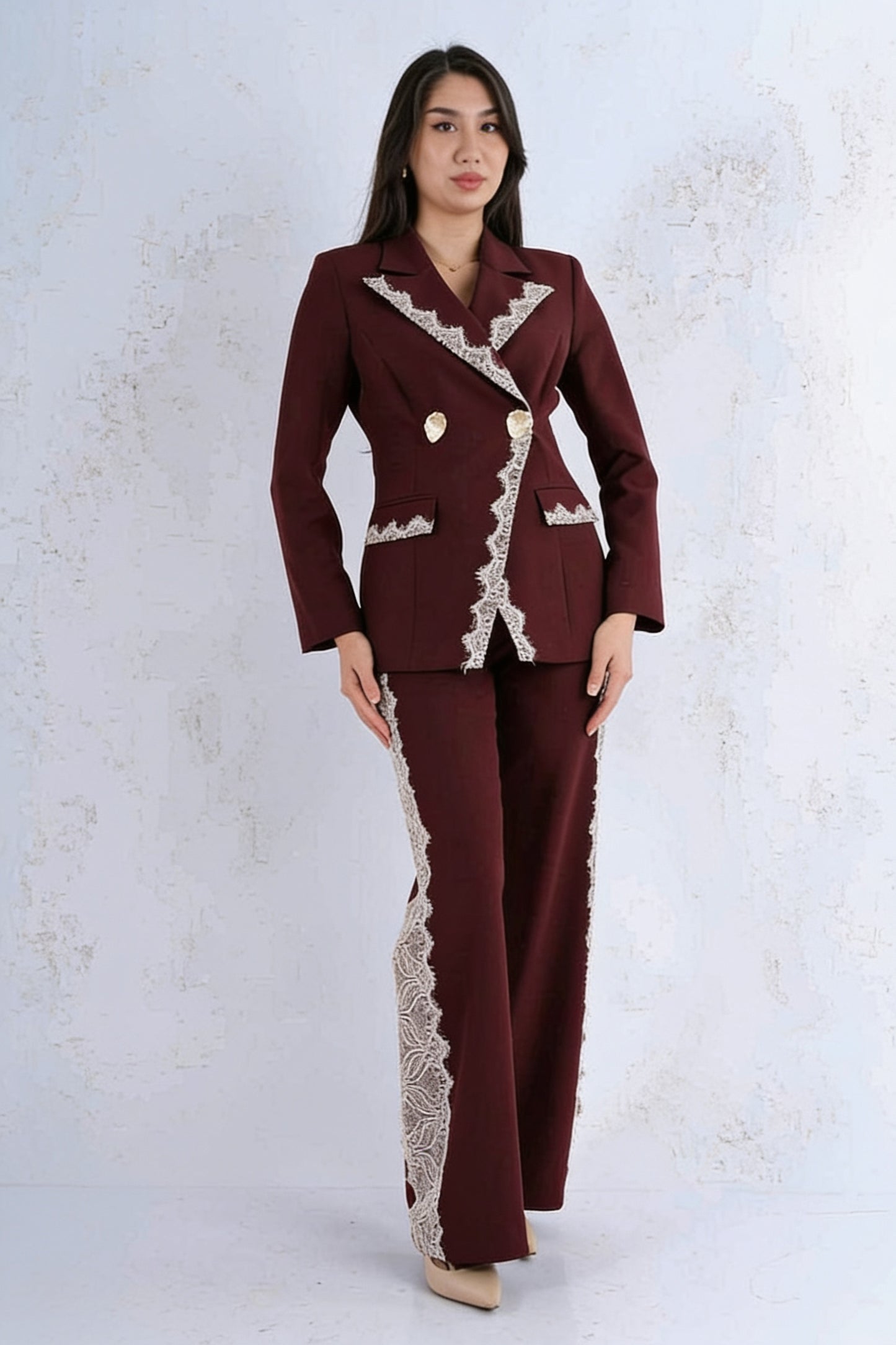 Tailleur 2 pièces blazer double boutonnage bordures dentelle pantalon large - Bordeaux