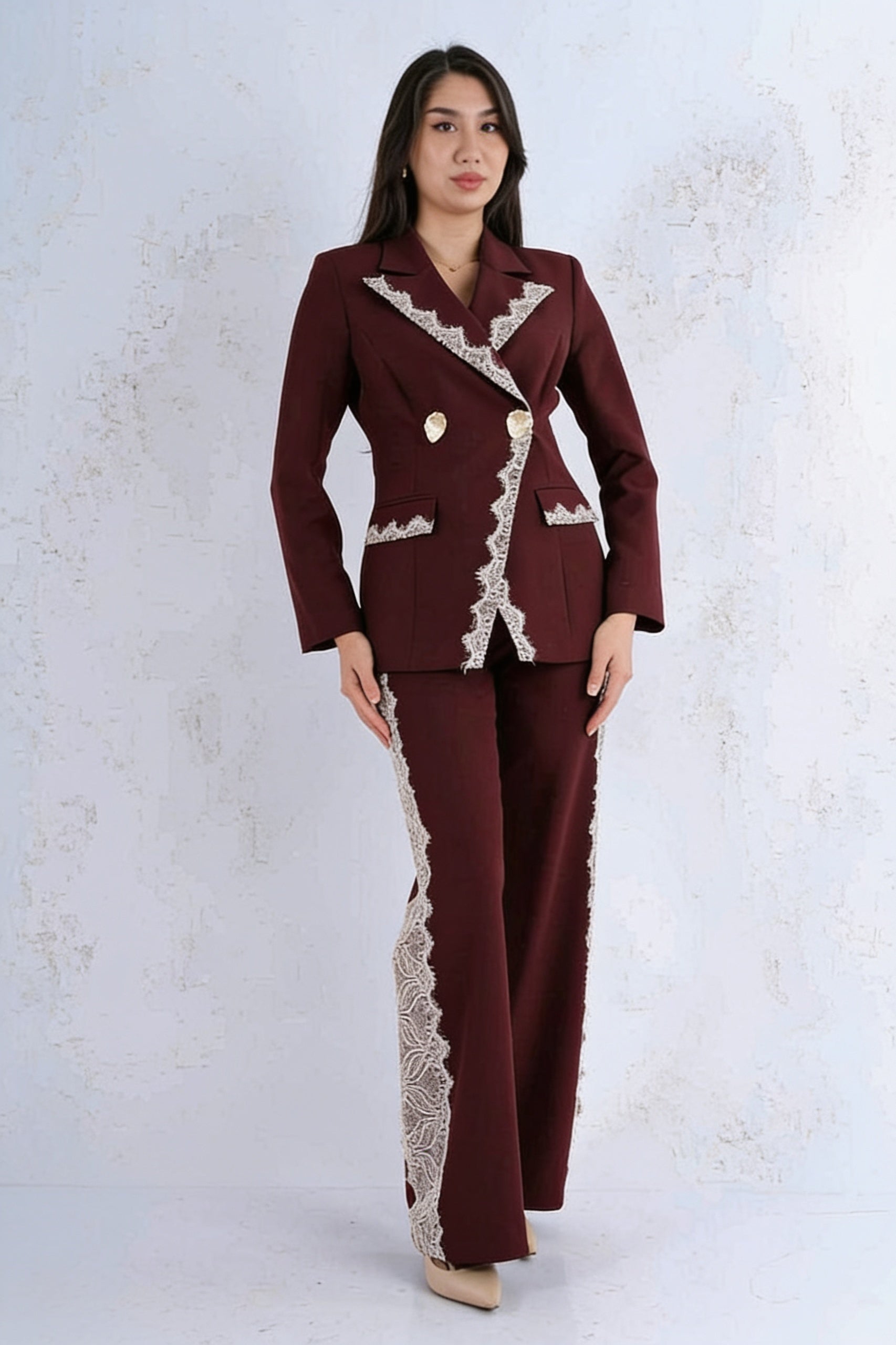 Tailleur 2 pièces blazer double boutonnage bordures dentelle pantalon large - Bordeaux