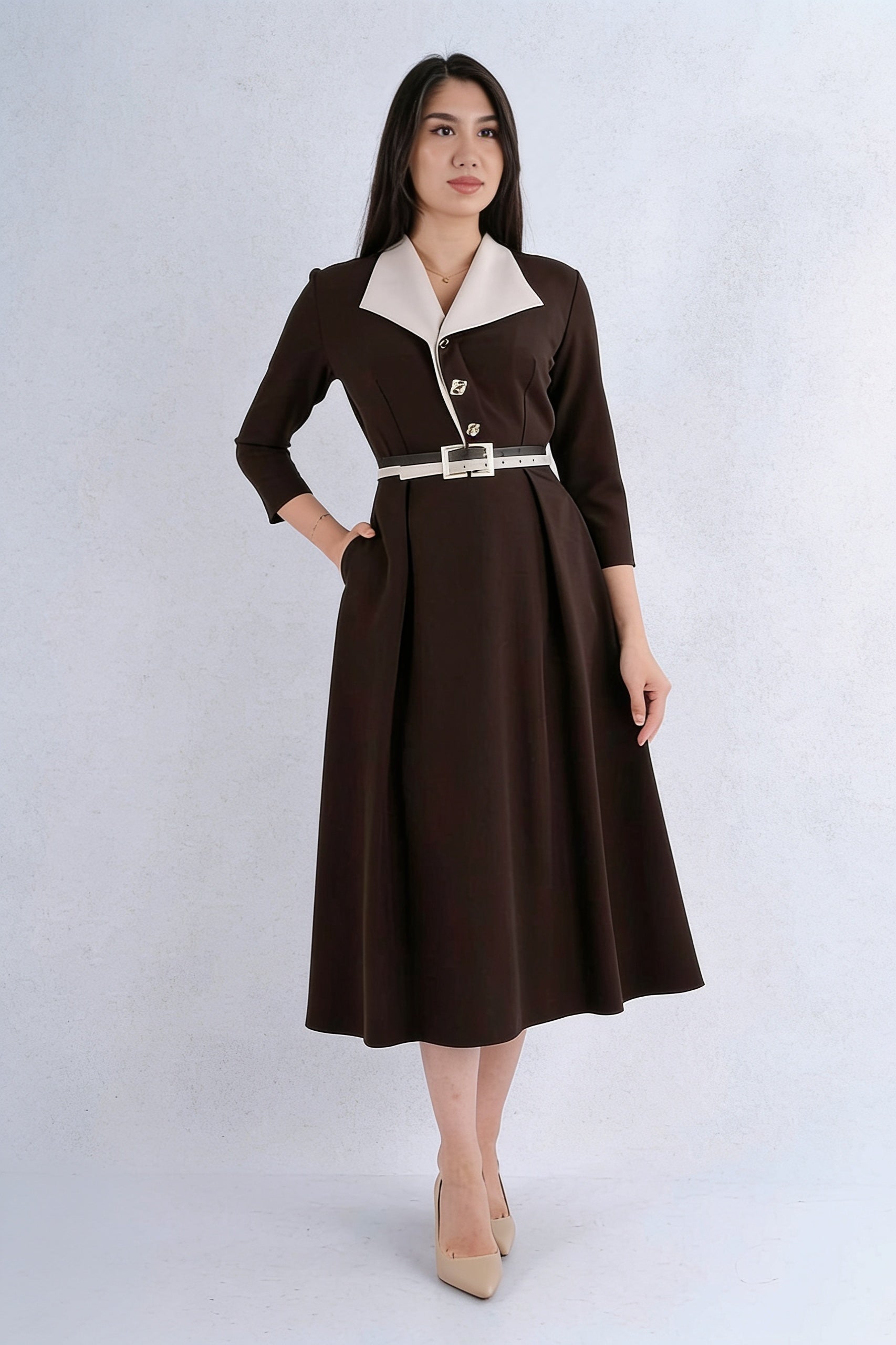 Robe midi blazer col contrastant crème manches 3/4 jupe évasée ceinture - Chocolat Crème