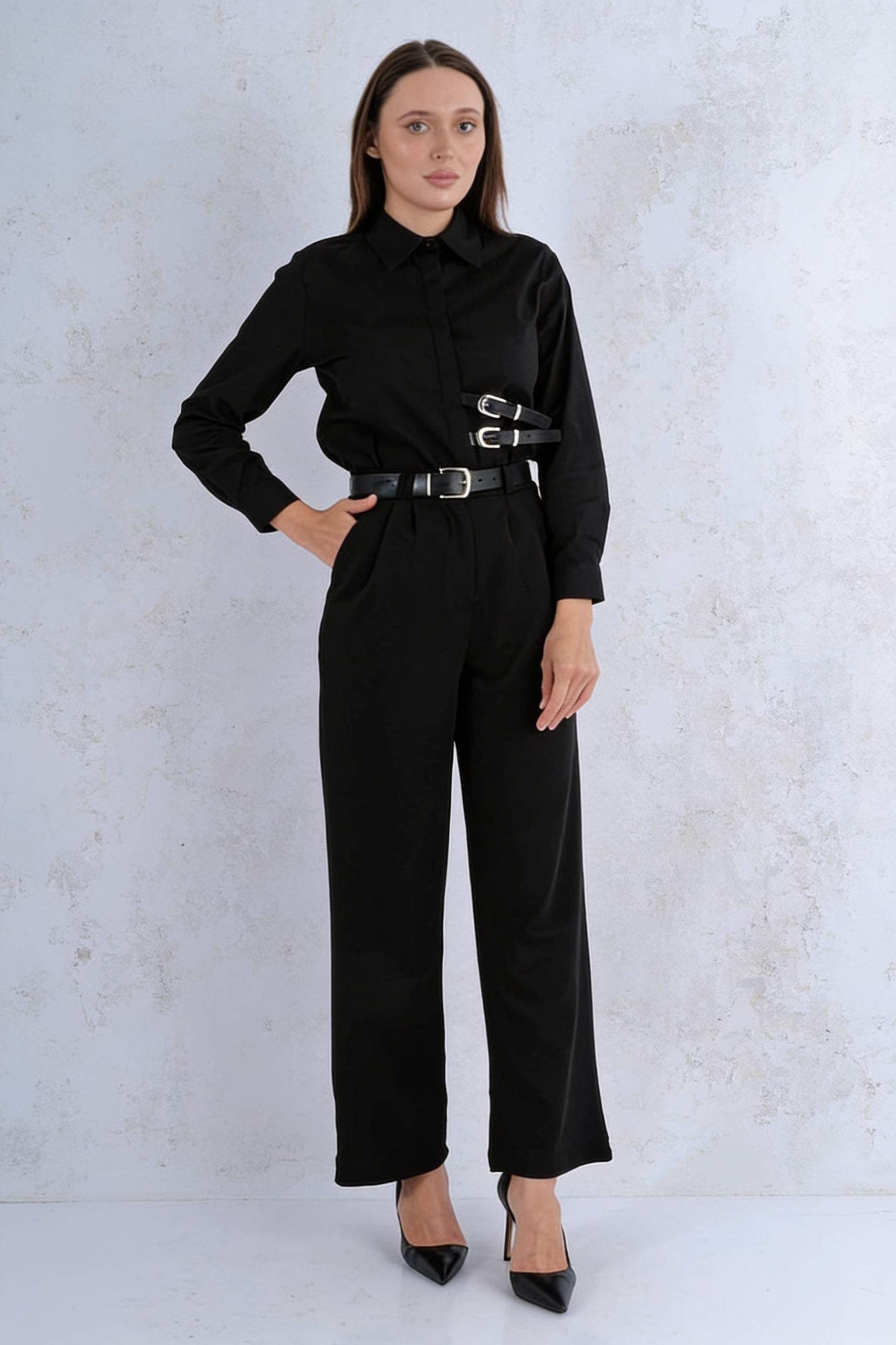 Ensemble 2 pièces chemise col classique pantalon large ceintures multiples boucles argentées - Noir