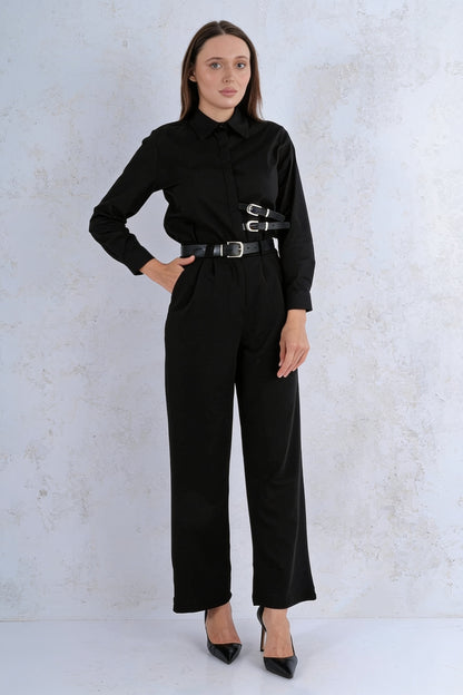 Ensemble 2 pièces chemise col classique pantalon large ceintures multiples boucles argentées - Noir