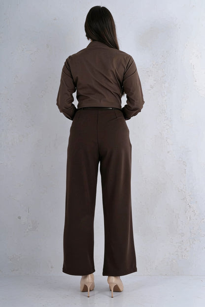 Ensemble 2 pièces chemise col classique pantalon large ceintures multiples boucles argentées - Chocolat vue dos