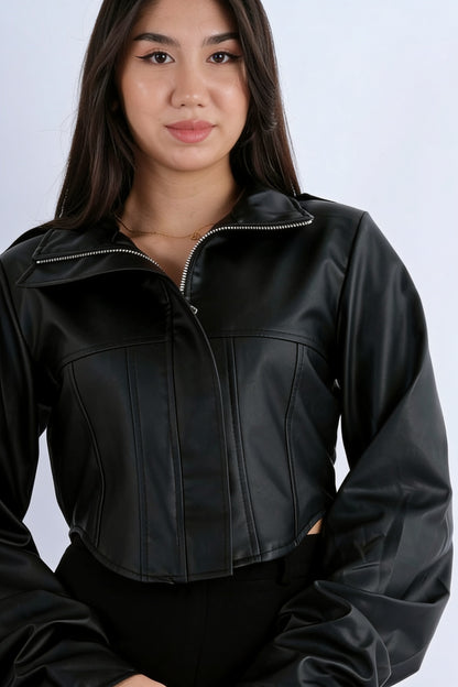 Veste corset cuir synthétique col polo zip doré coutures corset - Noir vue détail