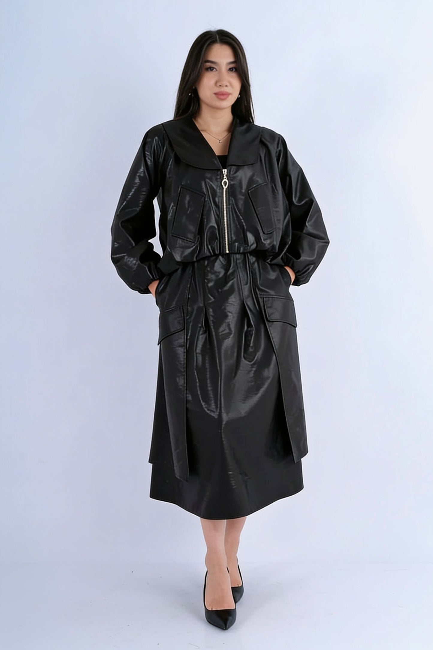 Ensemble 2 Pièces Trench-Coat Cuir Synthétique Oversize Zip et Jupe Midi Cargo Poches