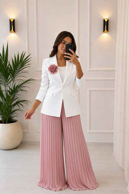 Ensemble Blazer Col Revers & Pantalon Large Plissé Broche Florale