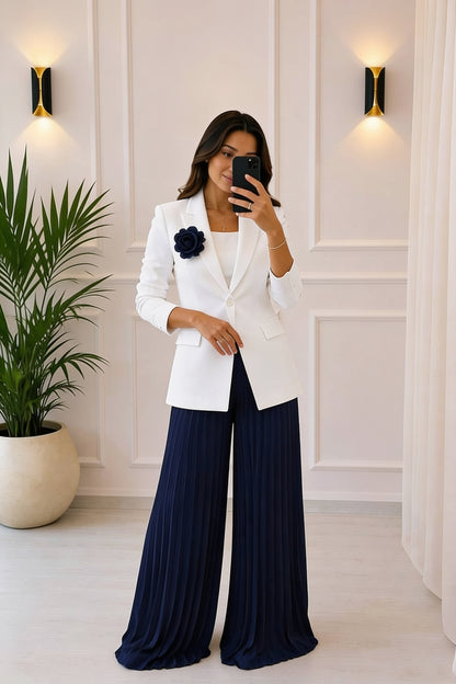 Ensemble Blazer Pantalon Plissé Broche Florale - Moutarde