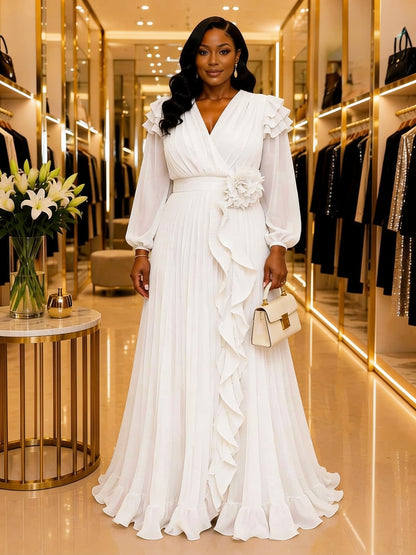 Robe Longue Col V Plissée Volants - Blanc