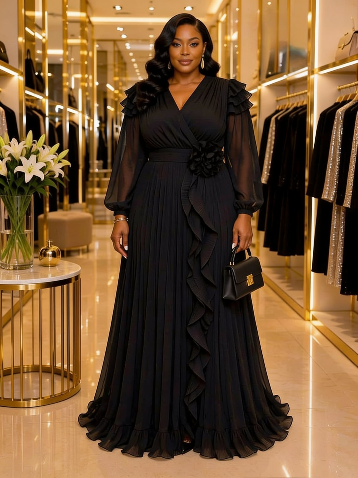 Robe Longue Col V Croisé Manches Bouffantes Jupe Plissée Volants Broche Florale