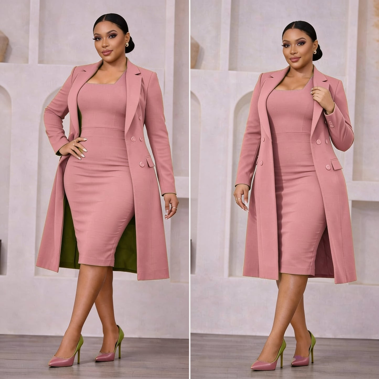 Ensemble Blazer Long Robe Fourreau - Vert Olive