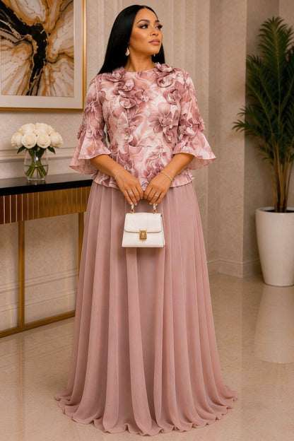 Ensemble Top Peplum Floral 3D Jupe Plissée - Rose Poudré