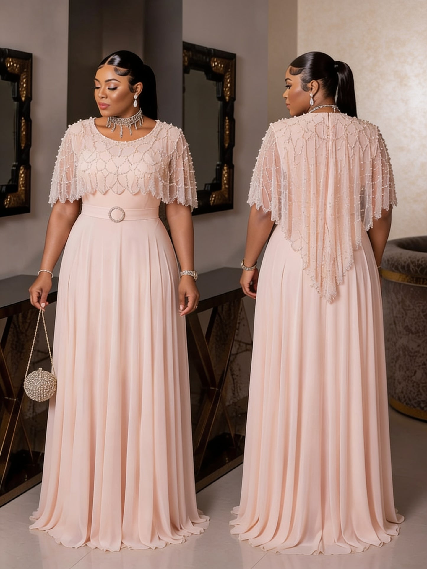 Robe Cape Brodée Perles - Brun Chocolat