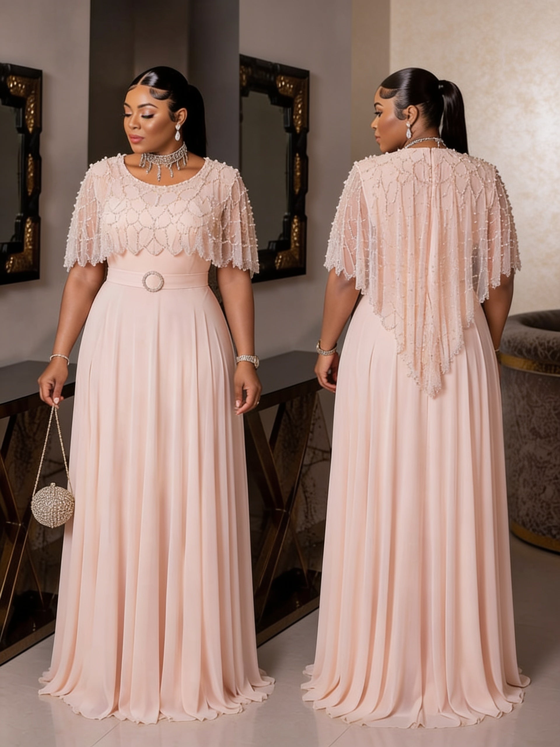 Robe Cape Brodée Perles - Brun Chocolat