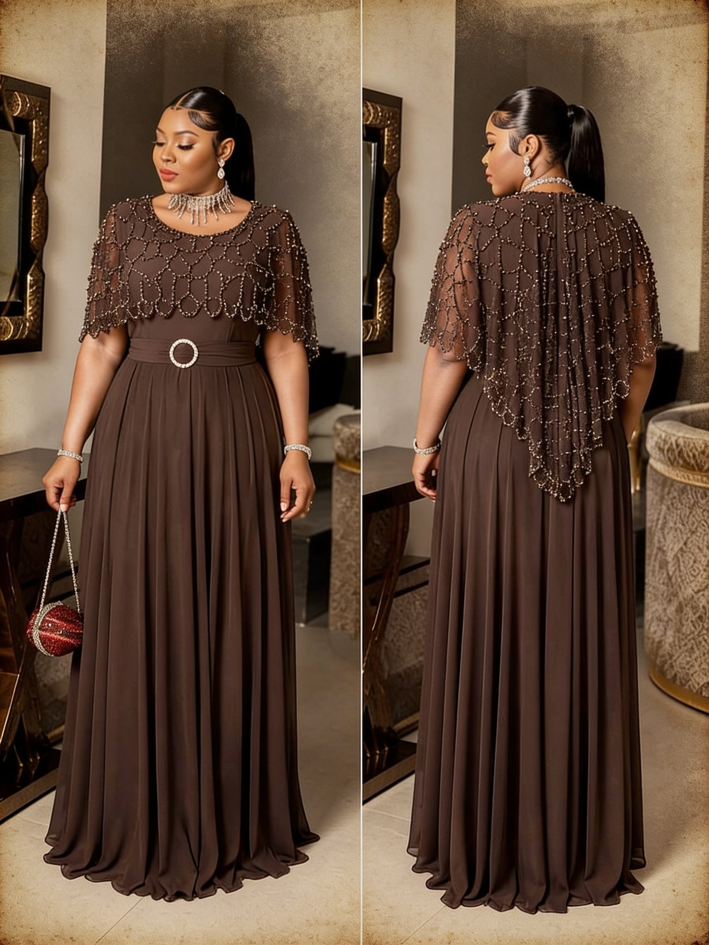 Robe Cape Brodée Perles - Rose Poudré face