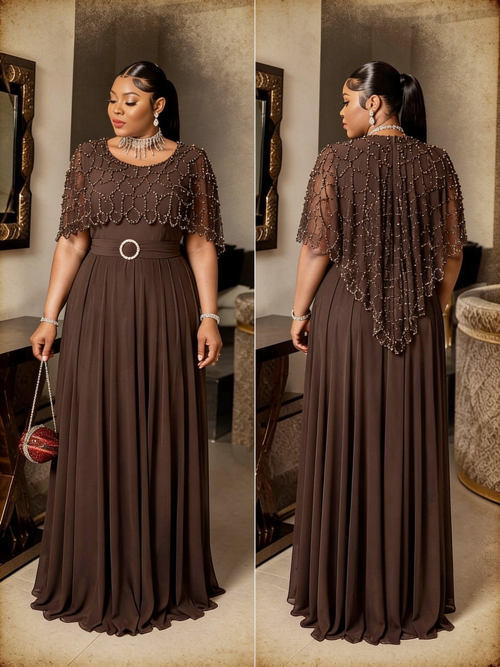Robe Cape Brodée Perles - Rose Poudré face