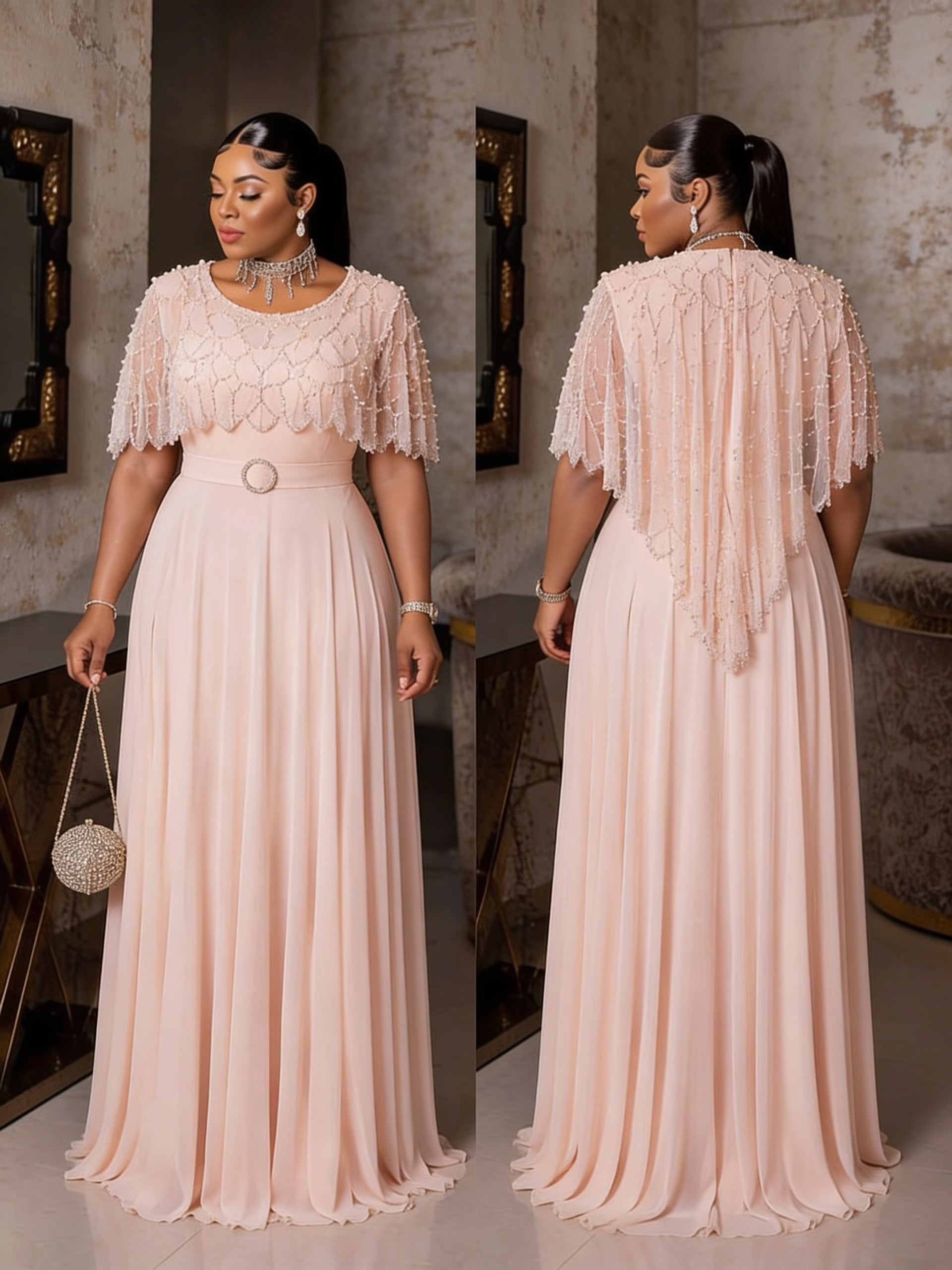 Robe Cape Brodée Perles - Blanc face