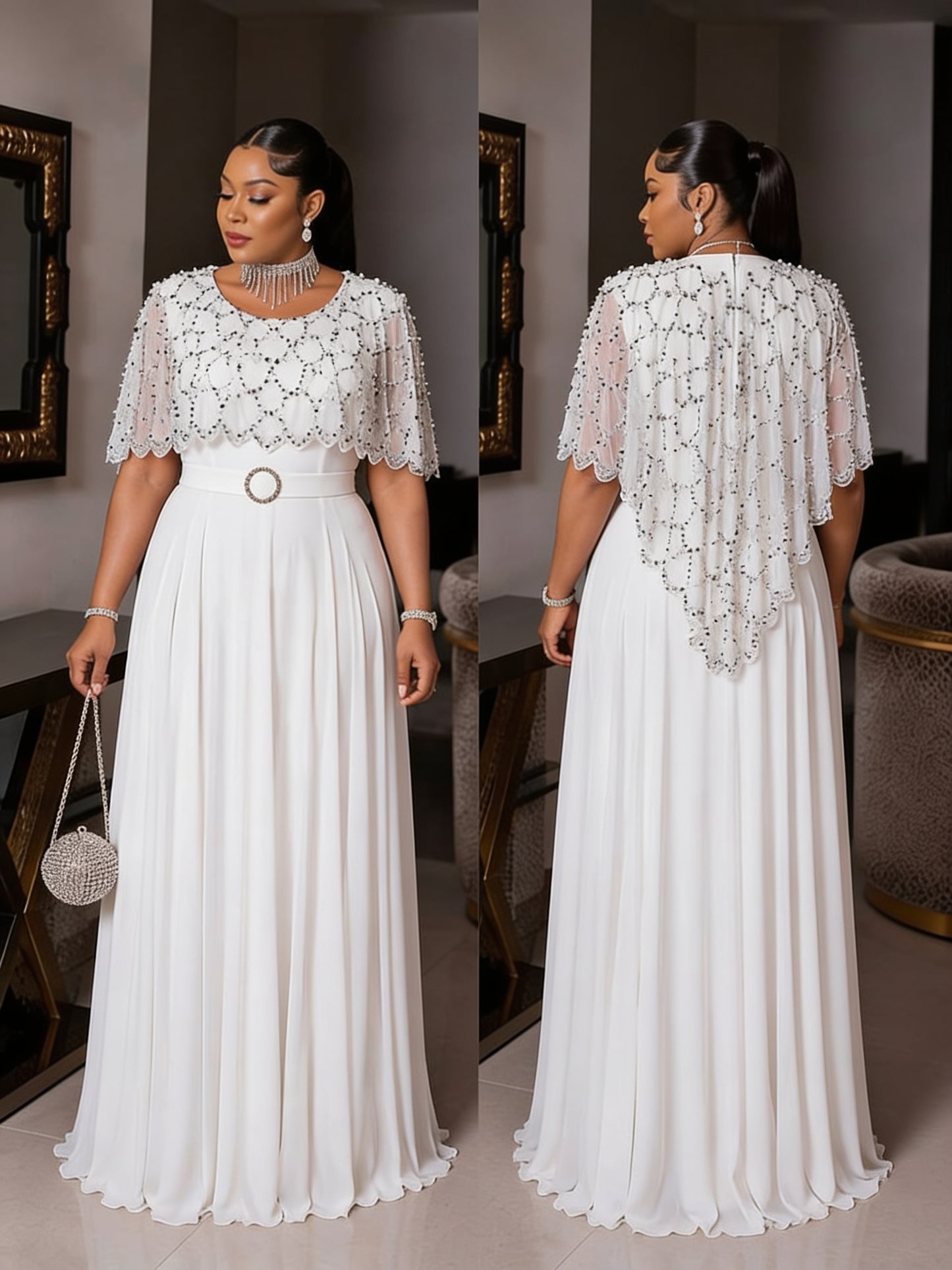 Robe Cape Brodée Perles - Blanc dos