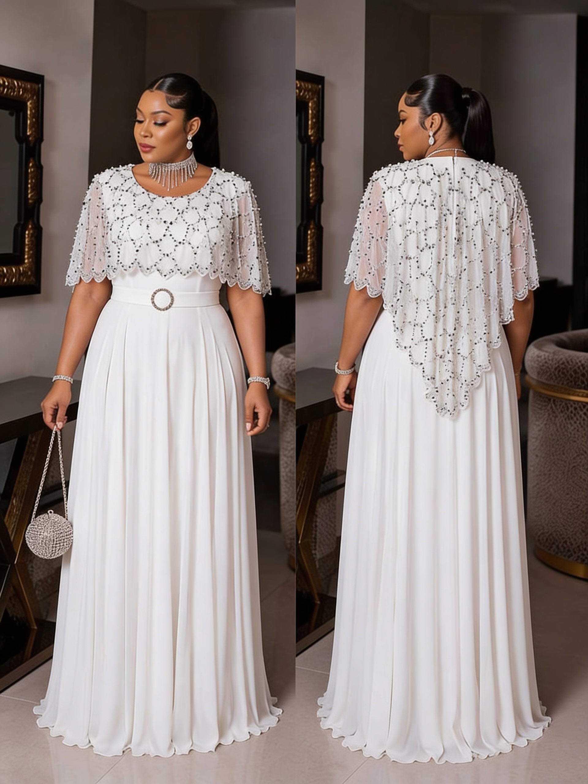 Robe Cape Brodée Perles - Blanc dos